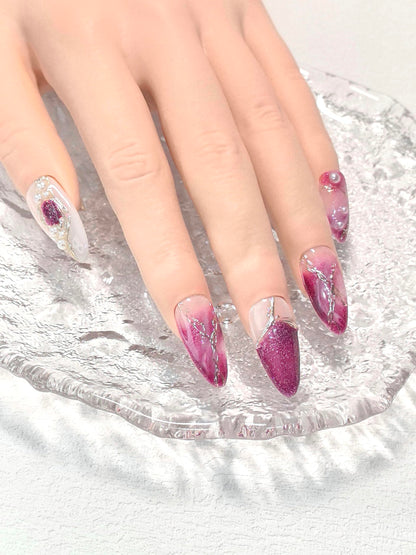 Medium Almond Pink & White Press On Nails — 3D Pearl, Glitter & Gold Line Art (10 Pieces)