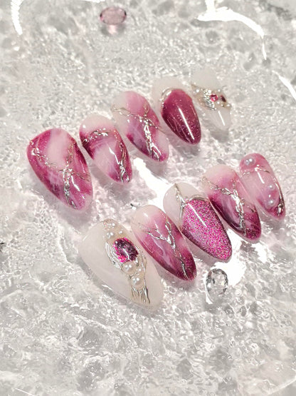 Medium Almond Pink & White Press On Nails — 3D Pearl, Glitter & Gold Line Art (10 Pieces)