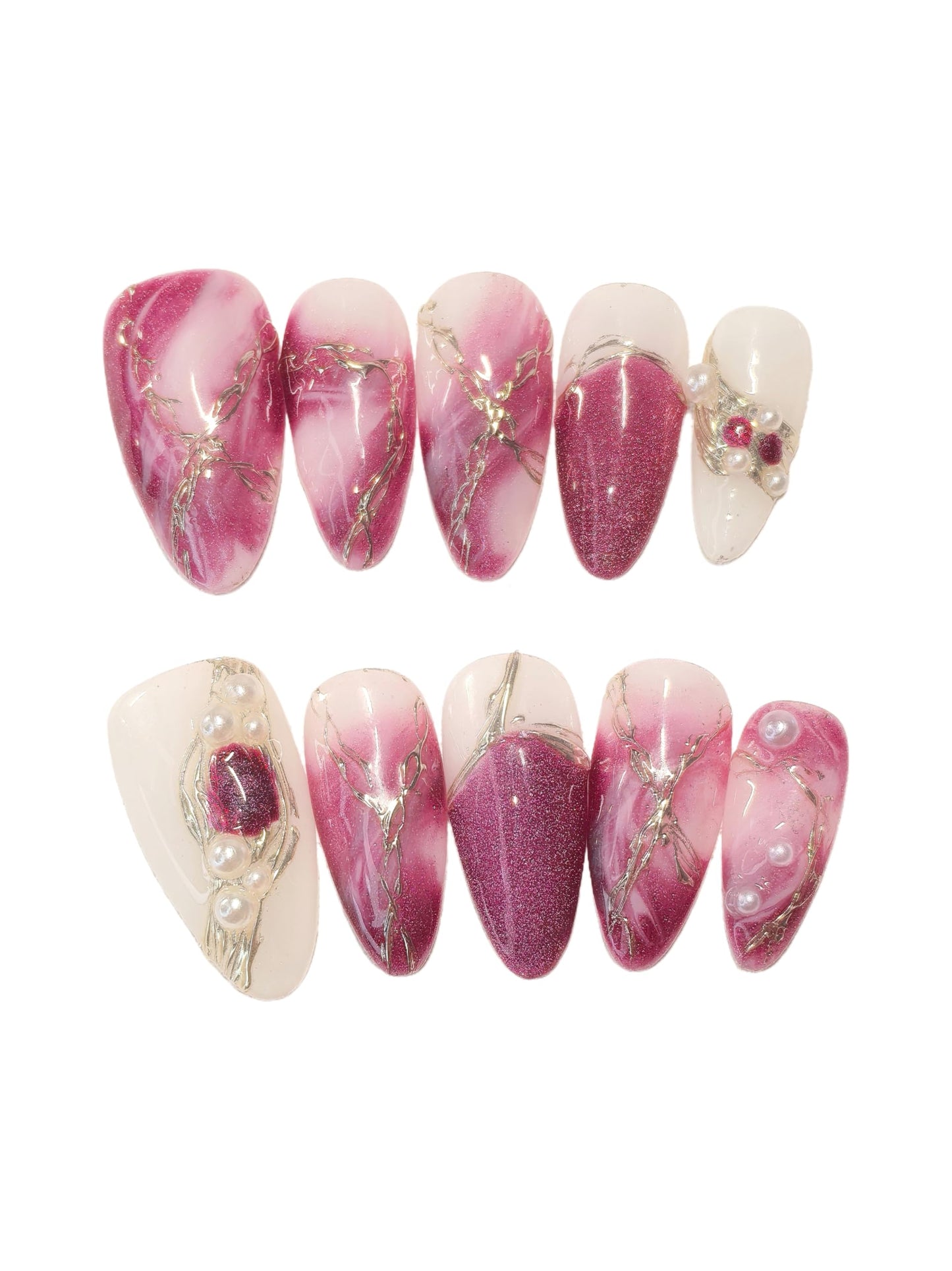 Medium Almond Pink & White Press On Nails — 3D Pearl, Glitter & Gold Line Art (10 Pieces)