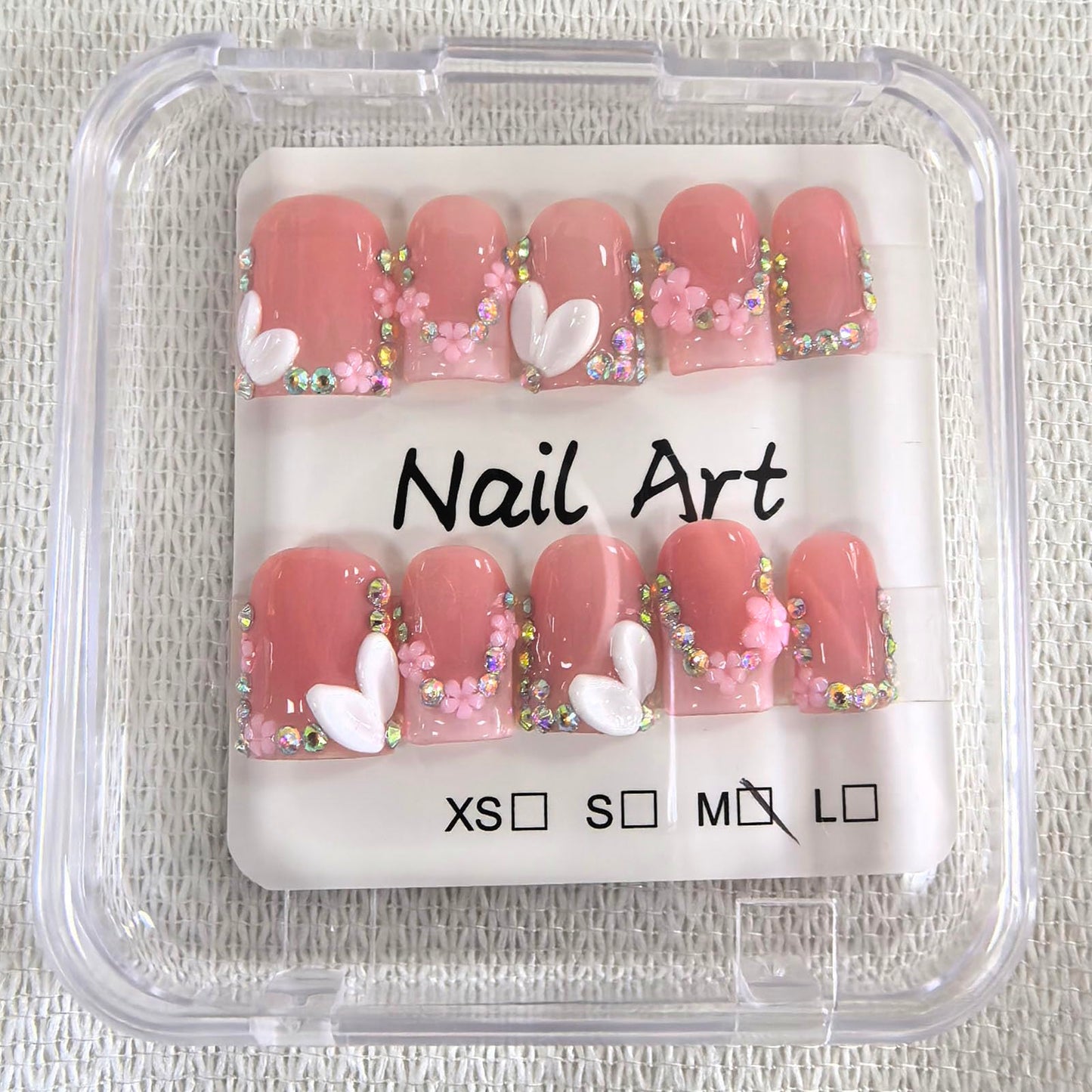 Meemooron Handmade Press On Nails – Square Short Pink French Tip with 3D Flowers & Rhinestones | Glossy Luxury Acrylic Nails (10pcs, Size M)