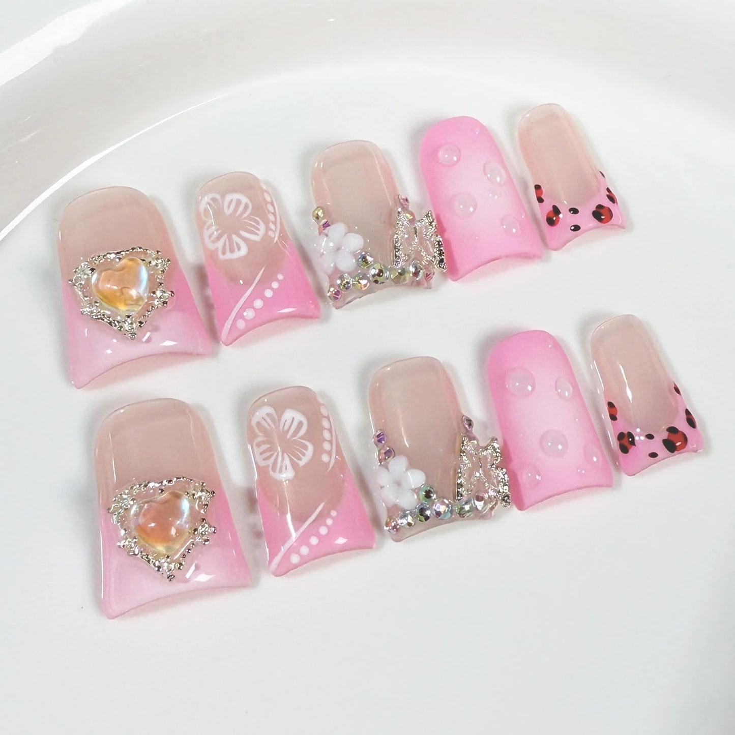 Meemooron Duck Press on Nails – 3D Flower Bow & Heart, Pink Sparkle, Short Nails (Size M) – 10 pcs