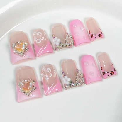 Meemooron Duck Press on Nails – 3D Flower Bow & Heart, Pink Sparkle, Short Nails (Size M) – 10 pcs