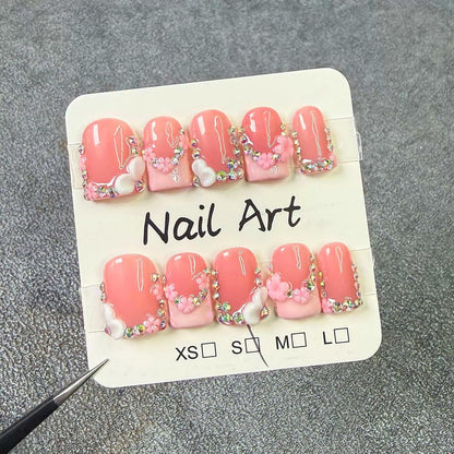 Meemooron Handmade Press On Nails – Square Short Pink French Tip with 3D Flowers & Rhinestones | Glossy Luxury Acrylic Nails (10pcs, Size M)