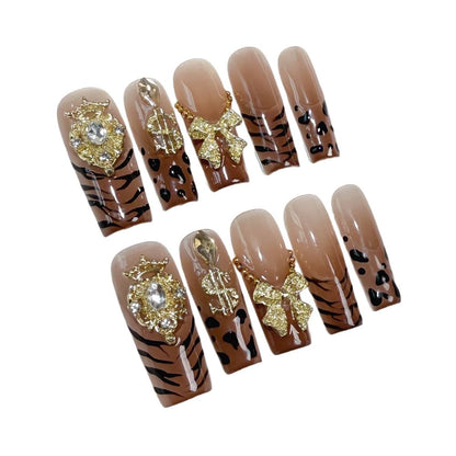 Meemooron Handmade Press-On Nails – Leopard French Tip with 3D Bow & Gold Crown