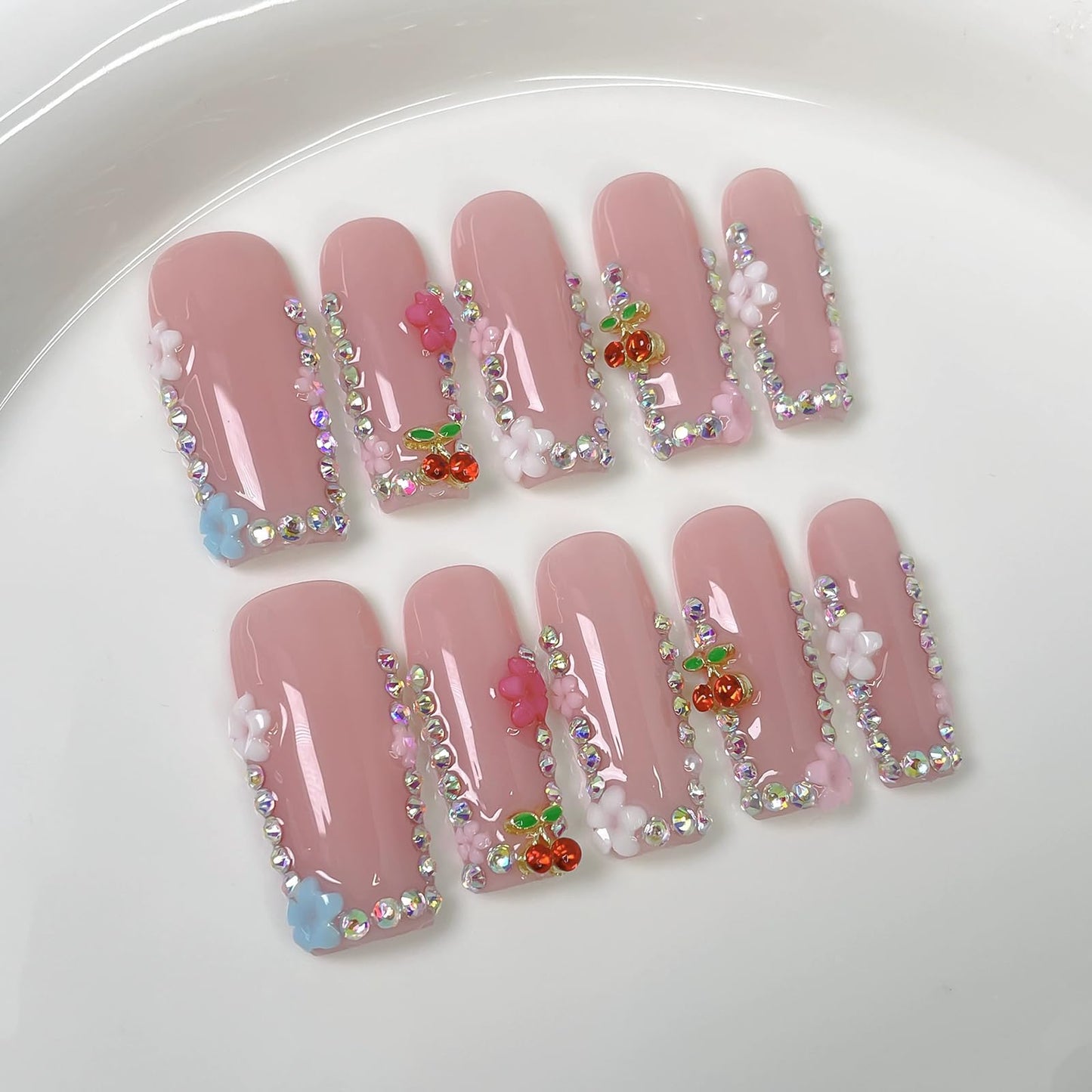 Meemooron Handmade Press-On Nails | Long Square 3D Cherry Rhinestones & Floral Pink Sparkle – 10pcs (Size M)