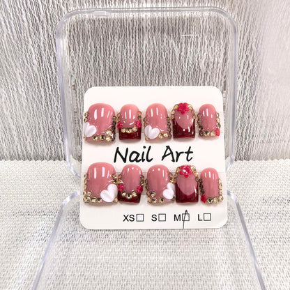 Meemooron Handmade Press On Nails – Square Short Red French Tip with 3D Flowers & Rhinestones | Luxury Glossy Acrylic (10pcs, Size M)