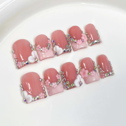 Meemooron Handmade Press On Nails – Square Short Pink French Tip with 3D Flowers & Rhinestones | Glossy Luxury Acrylic Nails (10pcs, Size M)