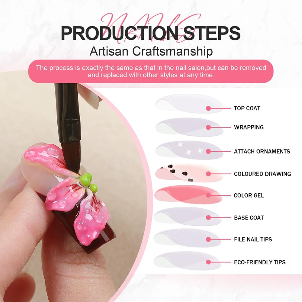 Meemooron Handmade Press On Nails – Square Short Pink French Tip with 3D Flowers & Rhinestones | Glossy Luxury Acrylic Nails (10pcs, Size M)