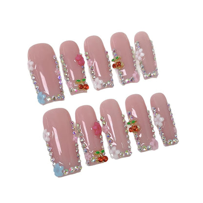 Meemooron Handmade Press-On Nails | Long Square 3D Cherry Rhinestones & Floral Pink Sparkle – 10pcs (Size M)
