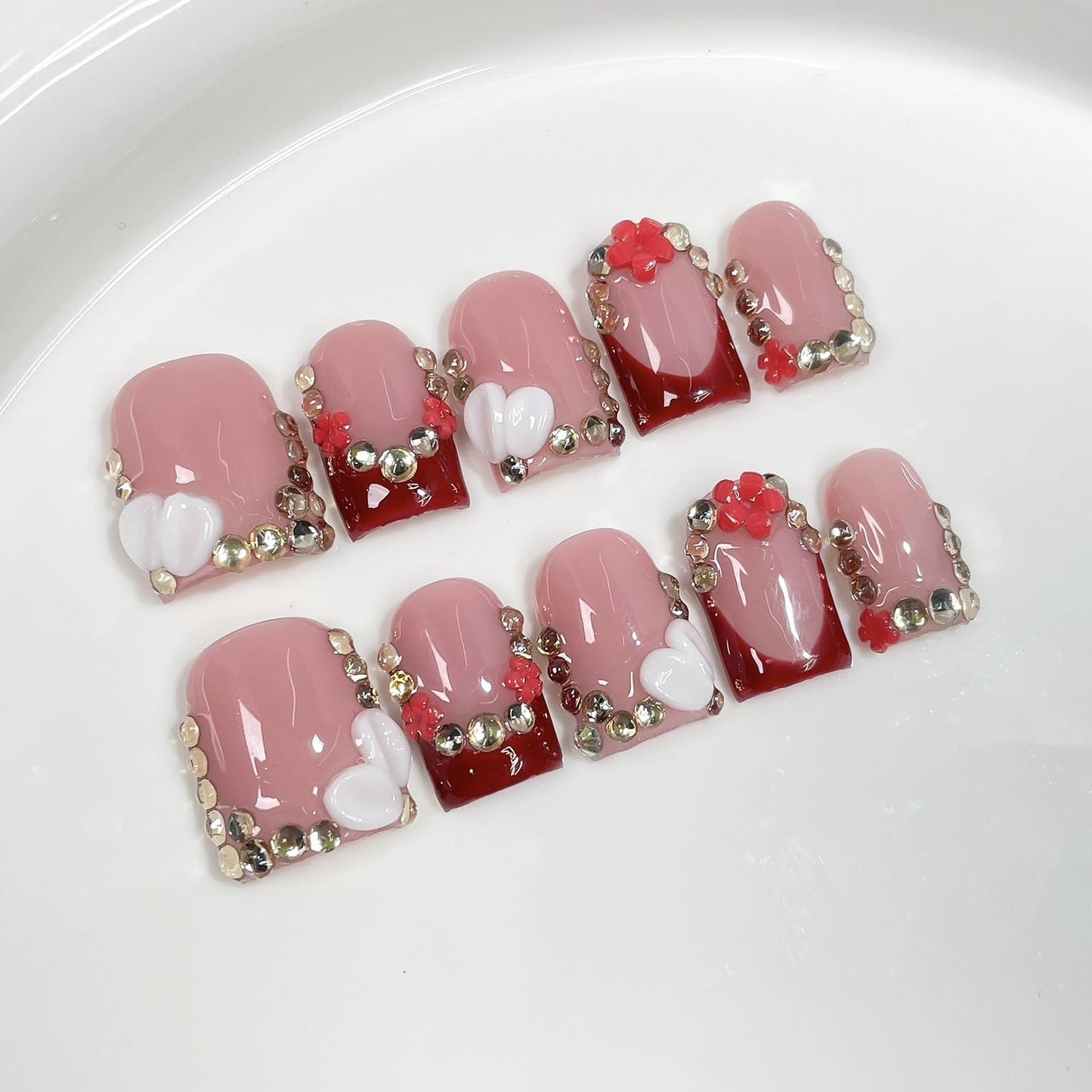 Meemooron Handmade Press On Nails – Square Short Red French Tip with 3D Flowers & Rhinestones | Luxury Glossy Acrylic (10pcs, Size M)