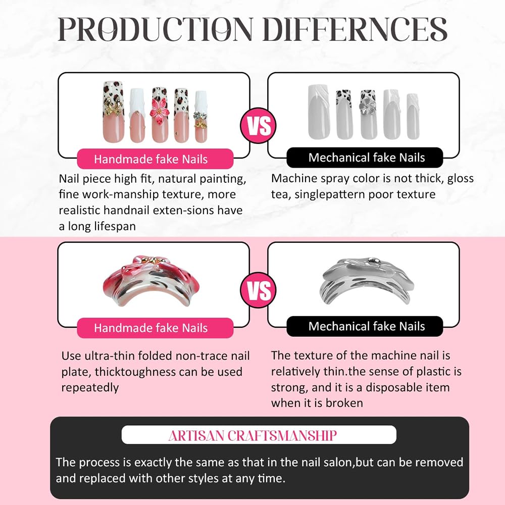 Meemooron Handmade Press On Nails – Square Short Pink French Tip with 3D Flowers & Rhinestones | Glossy Luxury Acrylic Nails (10pcs, Size M)