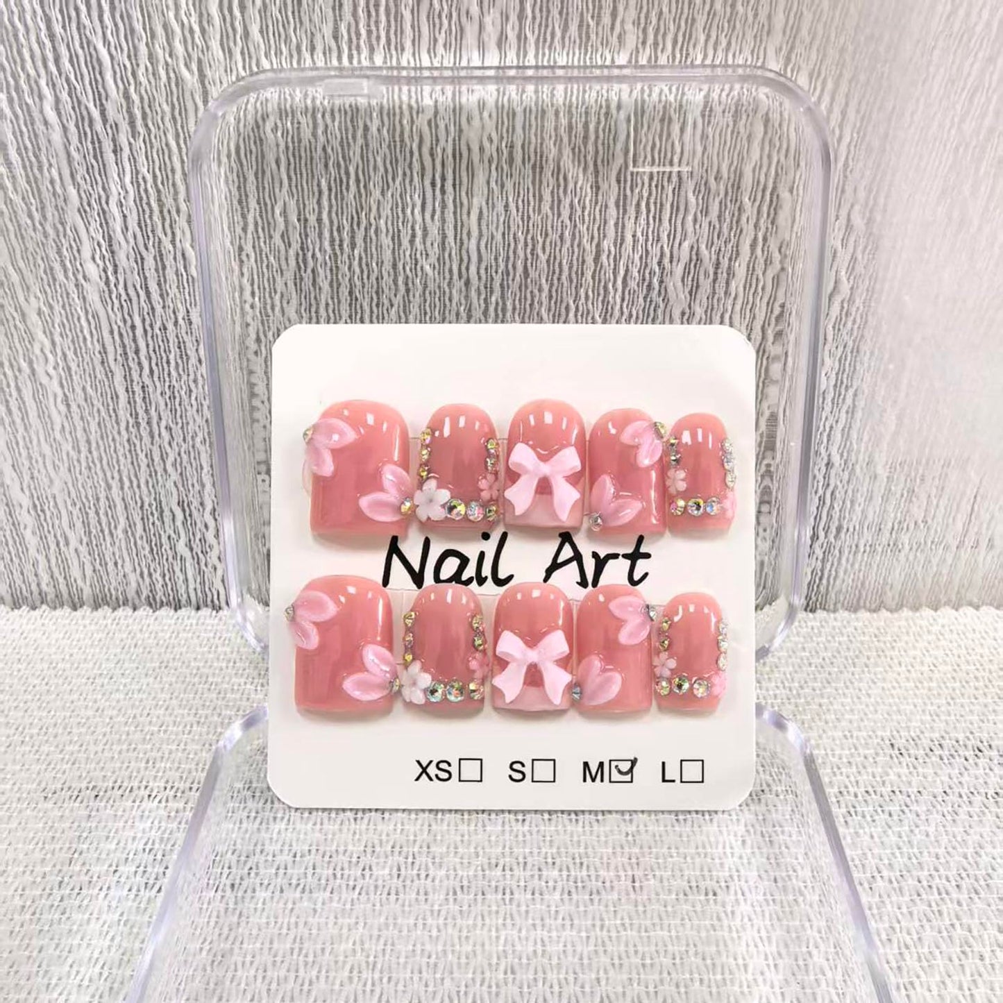 Meemooron Square Short Press-On Nails – Pink French Tip, 3D Bow & Rhinestones (10 pcs, Size M)
