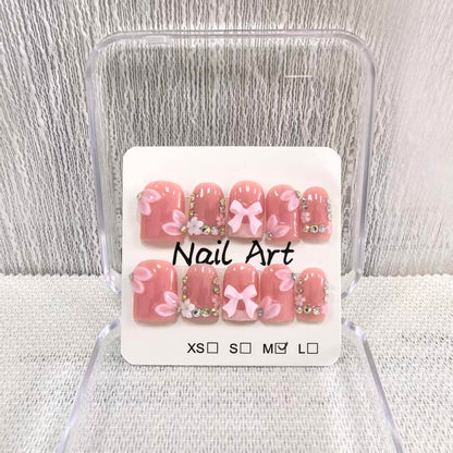 Meemooron Square Short Press-On Nails – Pink French Tip, 3D Bow & Rhinestones (10 pcs, Size M)