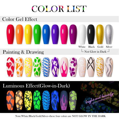 Glow in the Dark Nail Art Kit - 12 Neon Colors | MEET ACROSS UV Gel Polish, Soak-Off, Glow Effect
