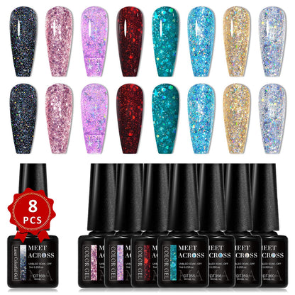 MEET ACROSS 8-Color Glitter Gel Nail Polish Kit – Sparkly Gold, Silver & Pink