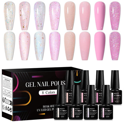 MEET ACROSS Glitter Sequins Gel Nail Polish Set – 8 Colors, 7ml