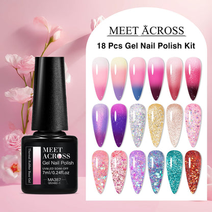 MEET ACROSS Color Changing Gel Polish Set – Mood Temperature Nail Polish, Nude Pink & Purple, 18pcs