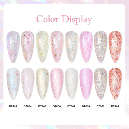 MEET ACROSS 12 Pcs Gold Foil Gel Nail Polish Set – 8 Glitter Colors + Base, Top Coat, Dehydrator & Primer