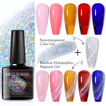 MEET ACROSS Cat Eye Glitter Gel Polish Set – Magnetic 6-Color UV Gel Kit with Magnet Stick