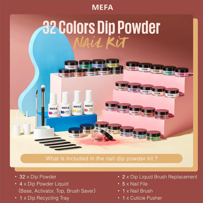 MEFA 32 Colors Dip Powder Kit – All-Season Tones with Base Top Activator