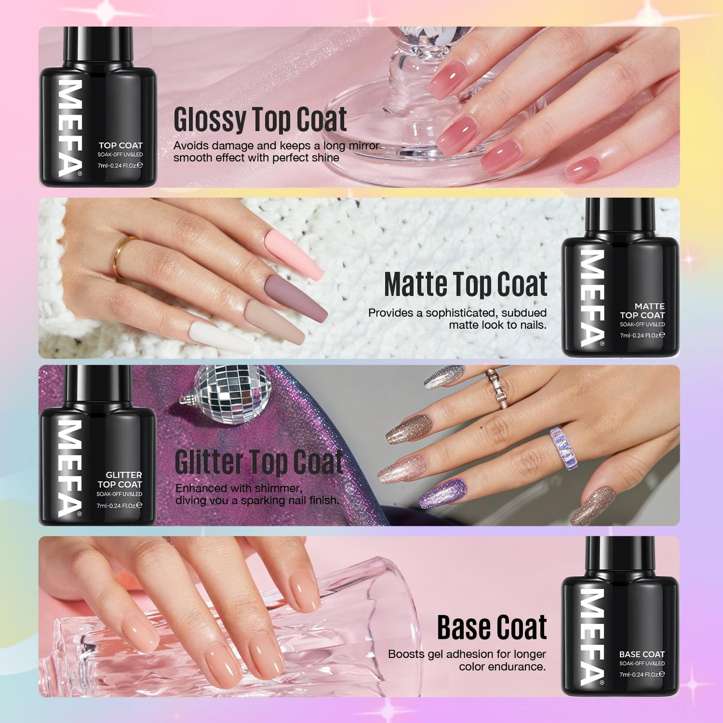 MEFA 47-Pcs Gel Nail Polish Kit — 42 Colors Plus Base Coat and Top Coats for DIY Manicure