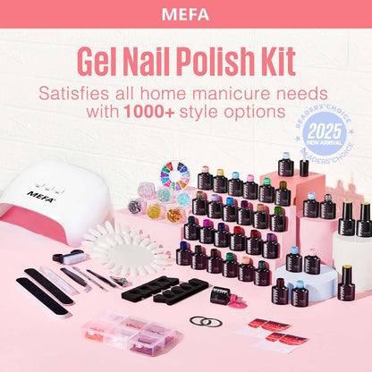 MEFA 60 Pcs Gel Nail Polish Kit with 72W UV LED Lamp – 32 Colors Home Manicure Set