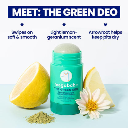 Megababe Daily Deodorant Green Deo – Aluminum-Free, All-Natural with Anti-Oxidants | Geranium & Lemon | 2.6 oz (Pack of 2)