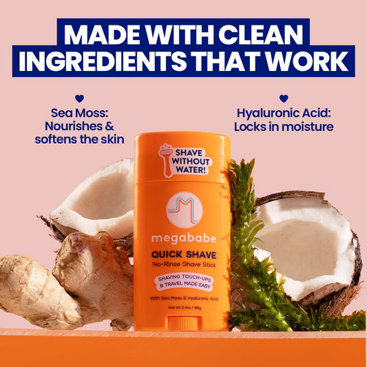 Megababe Quick Shave No-Rinse Shave Stick – Travel-Friendly Hydration & Touch-Ups (2.4 oz)