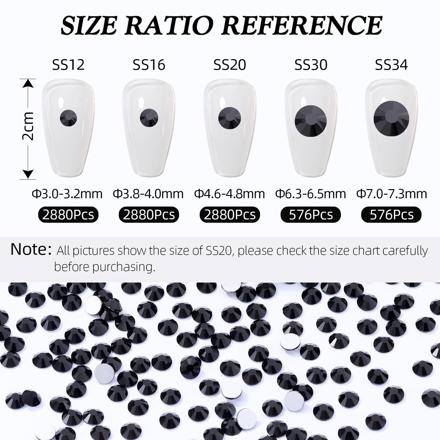 Meibite Black Flatback Glass Rhinestones SS34 – 576pcs, 7.1–7.3mm for Nail Art & Crafts