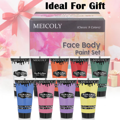 MEICOLY 9 Colors Face Body Paint Set – Water-Based, Washable 9x1.01 oz Box (Elphaba Green) for Halloween & Cosplay