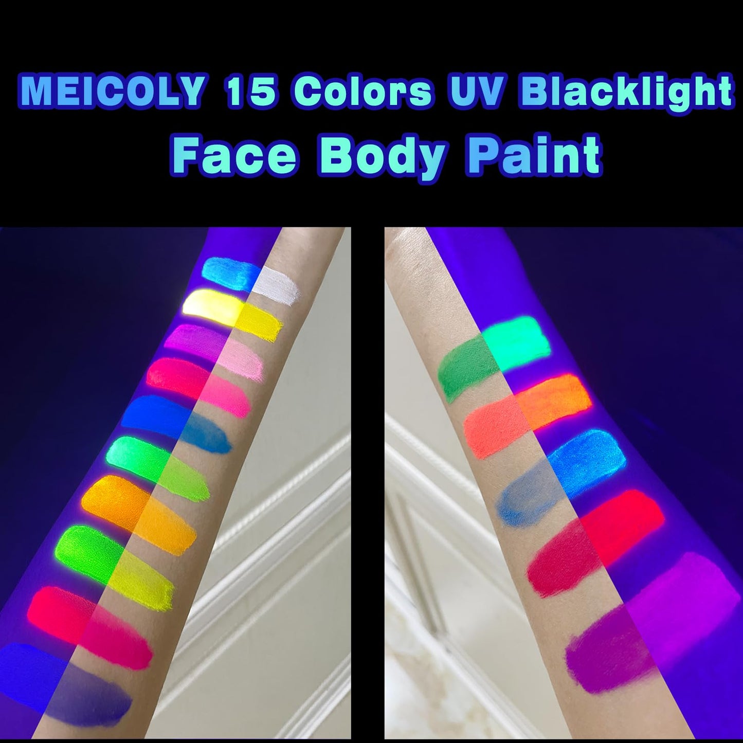 MEICOLY UV Blacklight Face Paint – 15 Neon Colors, Water-Based Glow Makeup