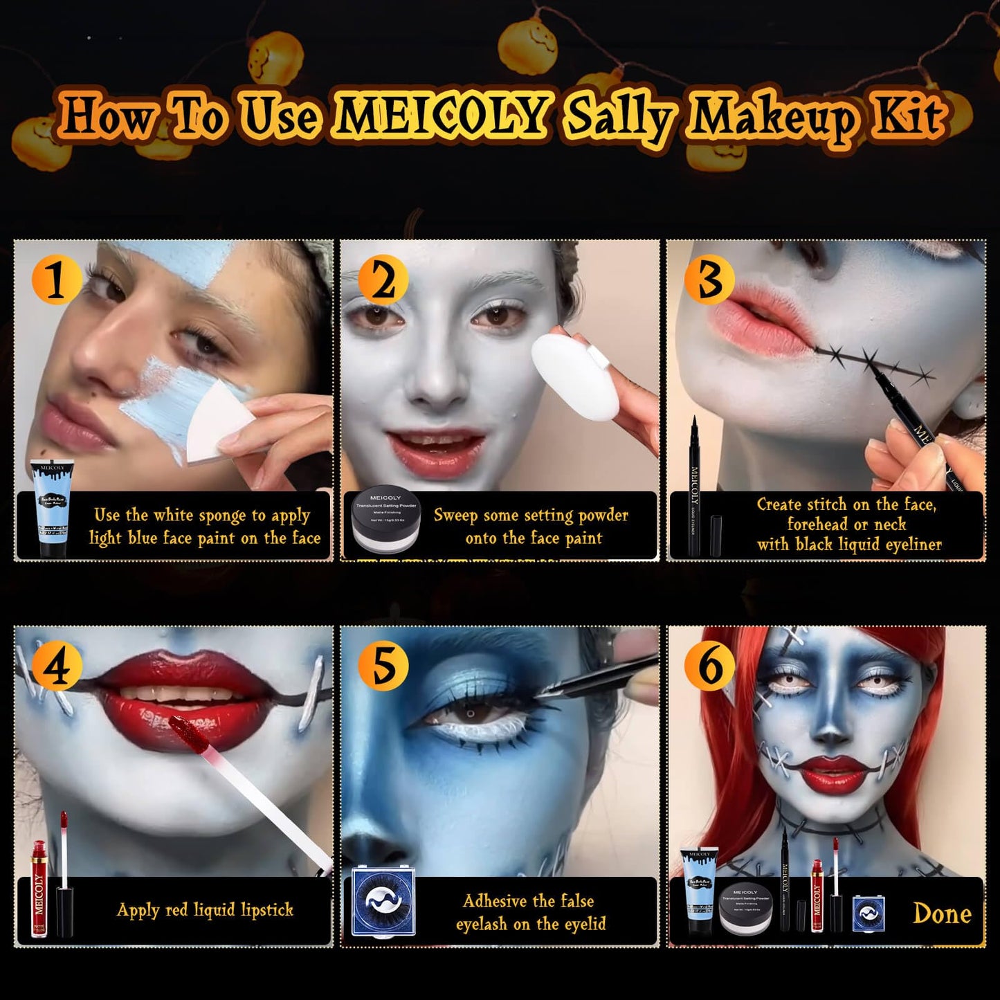 MEICOLY Sally Makeup Kit - Professional Sally Costume Makeup with Face Paint, Lipstick, Eyeliner & Setting Powder
