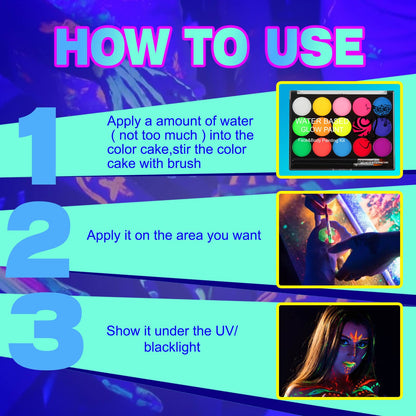 MEICOLY UV Blacklight Face Paint – 15 Neon Colors, Water-Based Glow Makeup