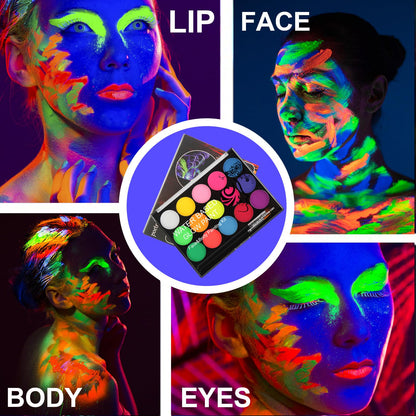 MEICOLY UV Blacklight Face Paint – 15 Neon Colors, Water-Based Glow Makeup