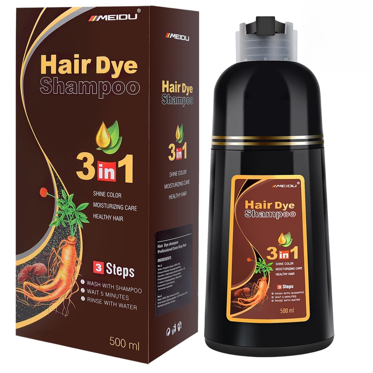 MEIDU Dark Burgundy Hair Dye Shampoo 3-in-1 for Gray Hair – Herbal 500ml