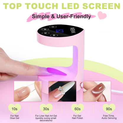 MEKK Mini UV Light for Nails – Peach-Shaped Auto-Sensor Lamp, 8 Beads, 4 Timers, Portable Pink