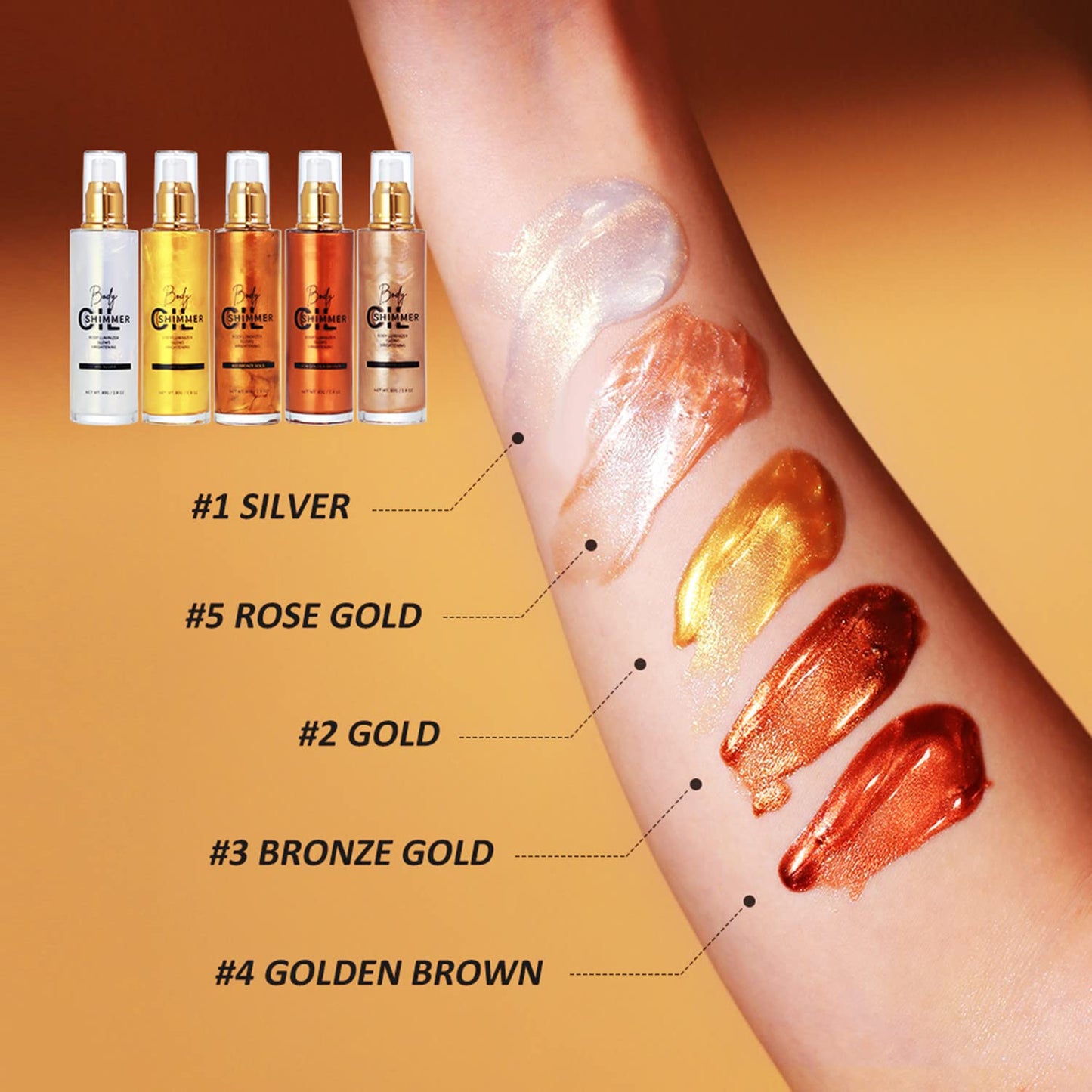 Melemando Shimmer Body Luminizer Bronze Gold – 5-Color Waterproof Highlighter for Face & Body (80 ml)