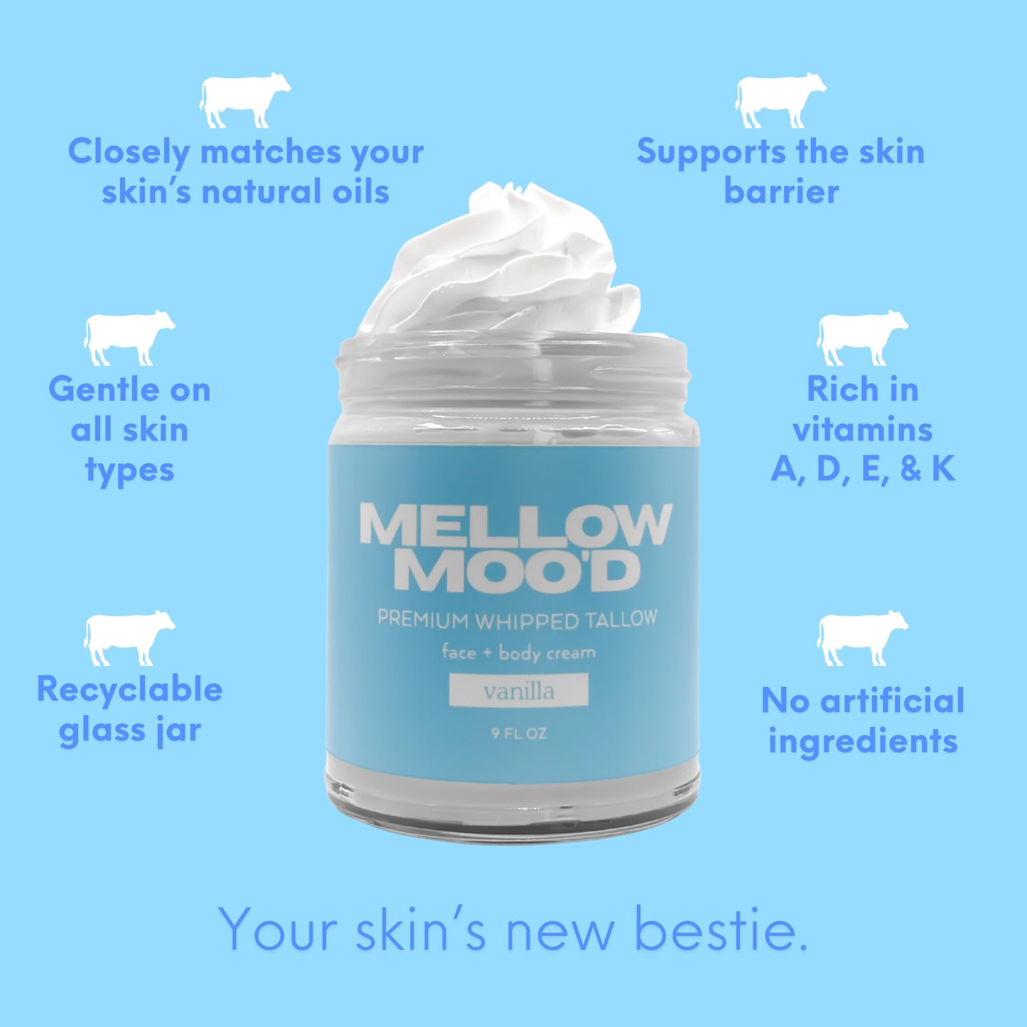 Mellow Moo'd Whipped Beef Tallow Cream — Face & Body, 9 oz, Unscented, Made in USA