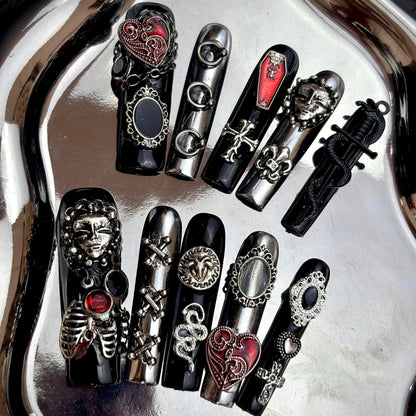 MellowBells Premium Handmade Press-On Nails – Black Lace Baroque Punk with Rivets | Size S