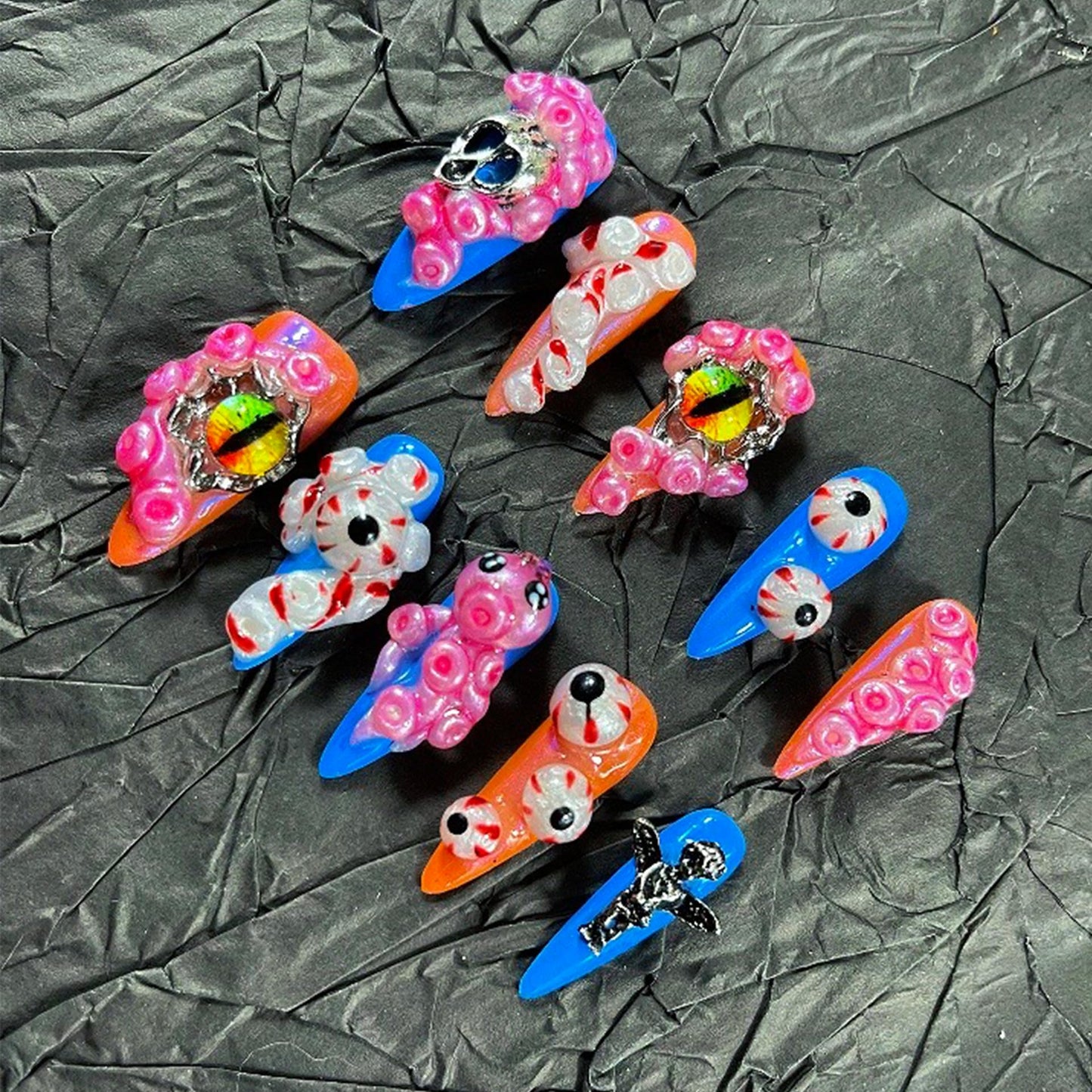MellowBells Press on Nails – 10Pcs Blood Style Hand Carved Pink Eyes, 33mm Long, Size S