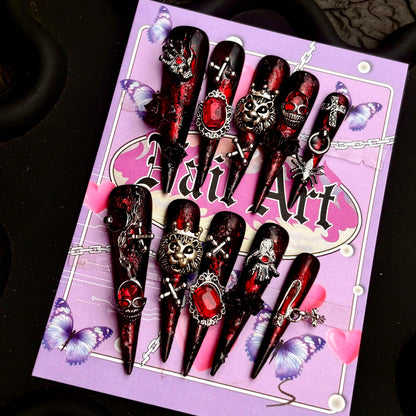 MellowBells Handmade Nails – Black Floral Baroque Punk with Chain Accents | Size S