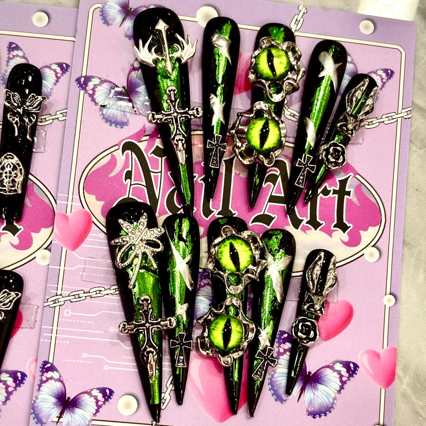 MellowBells Premium Handmade Nails - Black Gold Baroque Punk with Hex Nuts (Lize L)