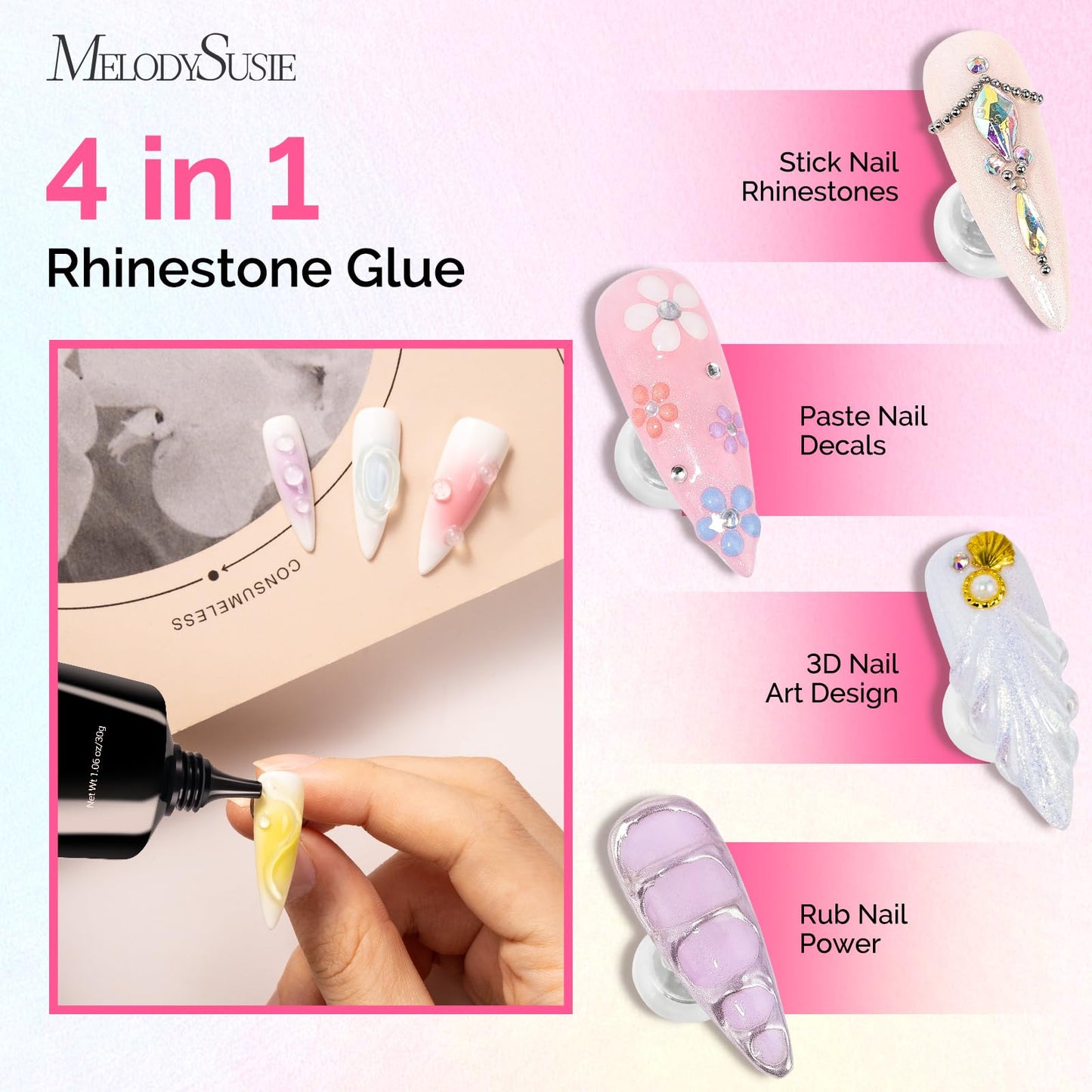 MelodySusie ART01R Handheld UV Light – Cordless Gel Nail Lamp + Rhinestone Glue Kit