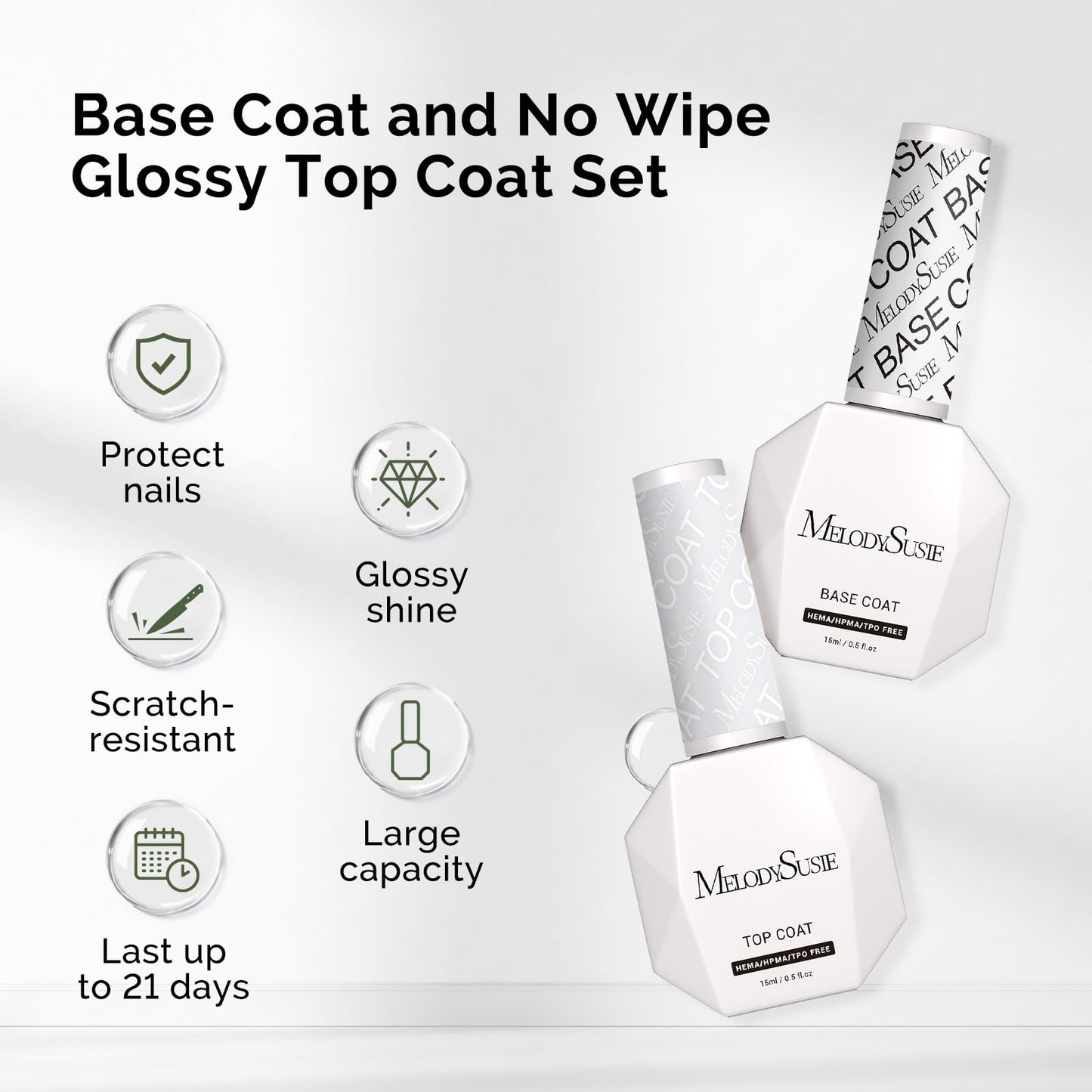 MelodySusie Hema Free Gel Base & Top Coat Set – No-Wipe Glossy Finish, 60-90s Cure, 21 Day Wear