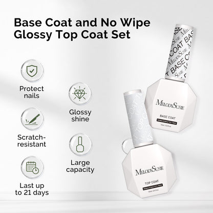 MelodySusie Hema Free Gel Base & Top Coat Set – No-Wipe Glossy Finish, 60-90s Cure, 21 Day Wear
