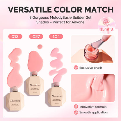 MelodySusie 3PCS 15ml Pink & Nude Builder Gel Set – Thickening Base Gel, Rhinestone Glue, UV/LED Cure for DIY Manicure