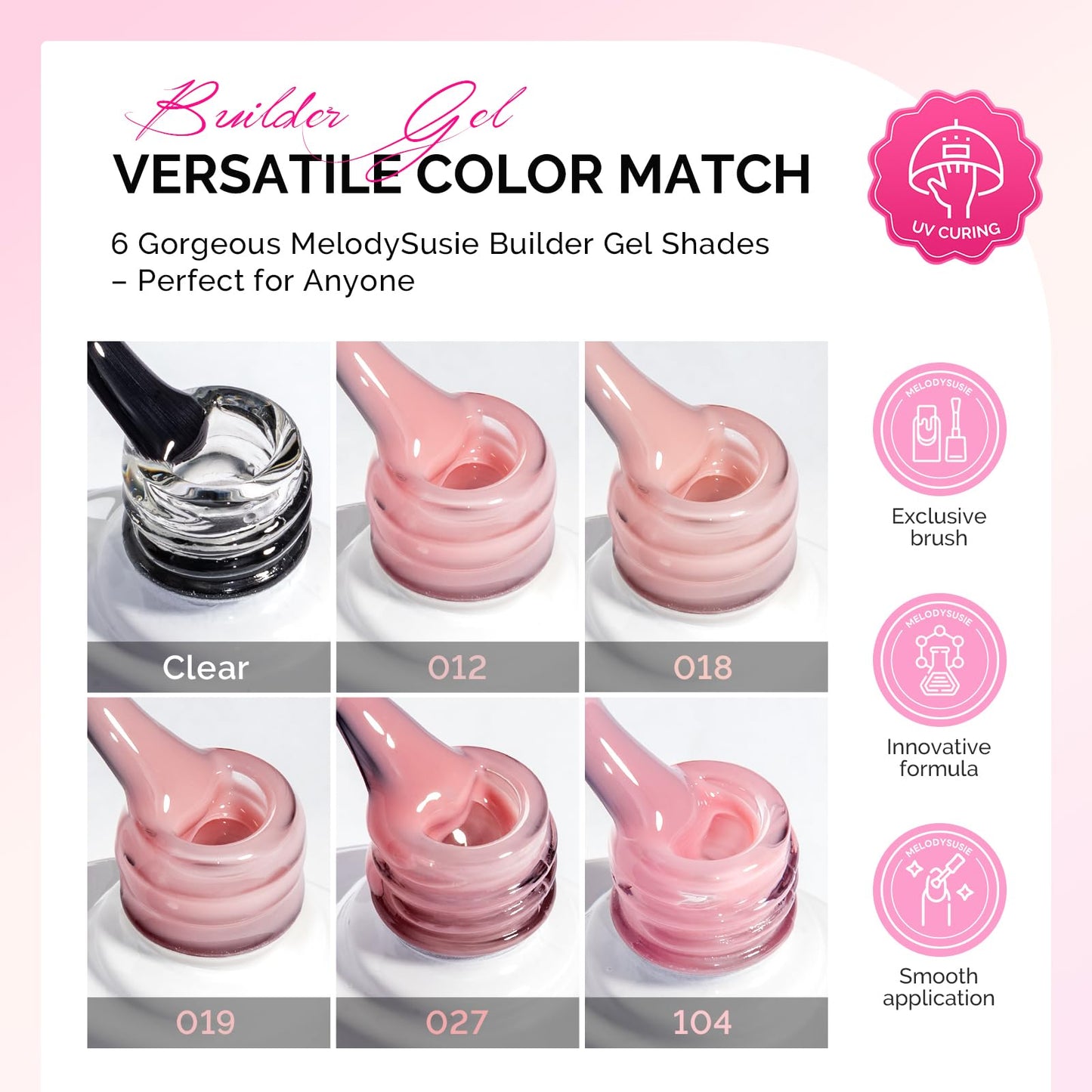 MelodySusie Builder Gel Nail Kit — 6 Nude Pink Thickening Gels, 8-in-1 Base Gel, UV/LED Cure