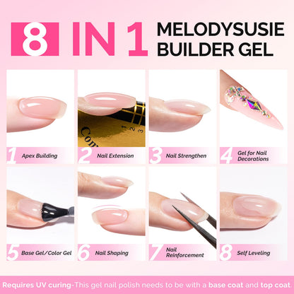 MelodySusie Builder Gel Nail Kit — 6 Nude Pink Thickening Gels, 8-in-1 Base Gel, UV/LED Cure