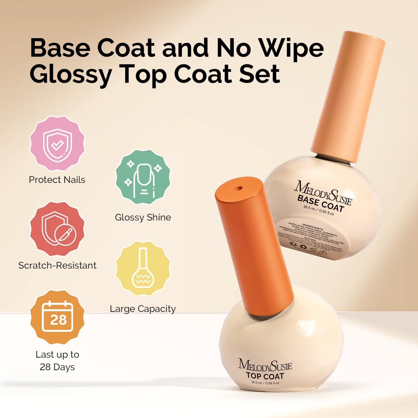MelodySusie Plant-Based Gel Base & Glassy Top Coat Set — Tilt-and-Stand Bottle, 16.5ml, 2 Pcs, TPO/HEMA/HPMA Free