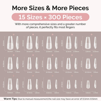 MelodySusie Long Coffin Nail Tips Kit – 300Pcs Pre-Built Apex Full-Cit Cover Nails & 20g Glue